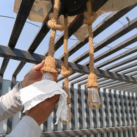 Cleaning rope-wrapped light bulbs with Premium Exact Cut White T Shirt Cleaning Rags Ten Pack 20x20 Inches Super Absorbent Cotton Rags For Mechanic Shops No Fuss Cleanup Cast Iron Staining Wood Painting And Household outdoors.