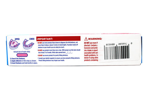 Back of Denture Adhesive Cream Mint 2.4 Oz Four Pack box with instructions and barcode visible
