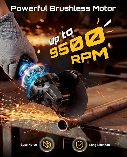 Cordless 21V Angle Grinder With Brushless Motor Delivers Up To 9500 RPM Lightweight 4-1/2 Inch Tool in action cutting metal