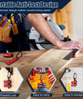 Photo showing Tall Stair Gauges For Framing Square With Holder And Carabiner Pro Grade Metal Stair Stringer Layout Tool in use with a circular saw.