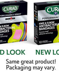 Tough As Nails Antibacterial Bandages For Elbows And Knees 3X3 Inch packaging comparison with labels showing old and new look.