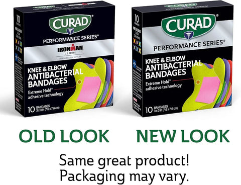 Tough As Nails Antibacterial Bandages For Elbows And Knees 3X3 Inch packaging comparison with labels showing old and new look.