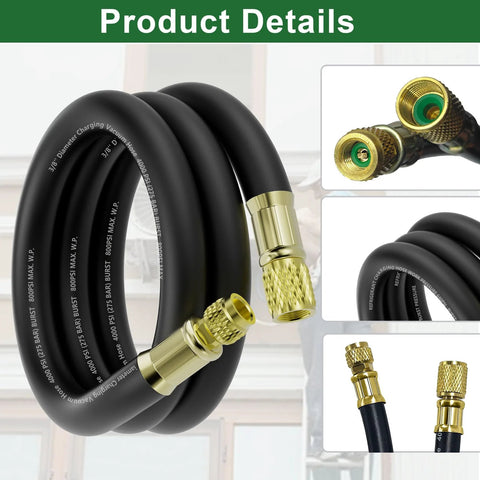 Front view of HVAC vacuum hose, 6 ft long, 3/8 in ID, black with brass 3/8 to 1/4 in fittings.