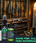 All-In-One Gun Cleaner And Lubricant Kit With CLP Solvent Spray, 2oz And 1oz Needle Oiler Bottles in front of gun rack.