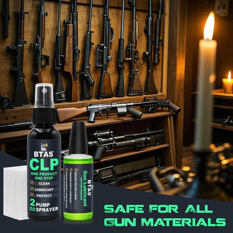 All-In-One Gun Cleaner And Lubricant Kit With CLP Solvent Spray, 2oz And 1oz Needle Oiler Bottles in front of gun rack.