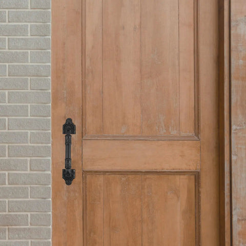 2 Pack Black Iron Barn Door Handles For Garages And Cabinets - No Drilling Required, mounted on wooden door