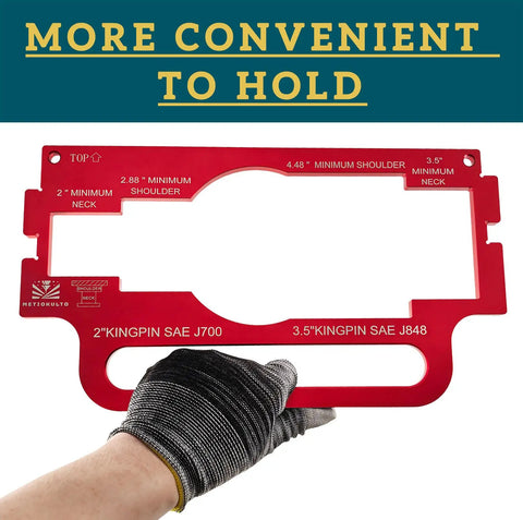 Must Have King Pin Wear Gauge For Trailers 2 Inch And 3.5 Inch Aluminum Alloy Tool With Handle Detect SAE J700 And J848 Kingpins, Easy 360 Degree Spin To Check Pin Wear On Level Ground, Built Tough For Real Trailer Work. Red aluminum king pin wear gauge with gloved hand