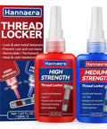 Hannaera thread locker bottles, red high-strength and blue medium-strength, 50 ml each with box