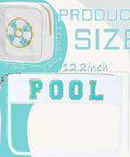 Two Pack Clear PVC Cosmetic Pouches With Chenille Letter Patches, shown with "POOL" chenille design next to size details.