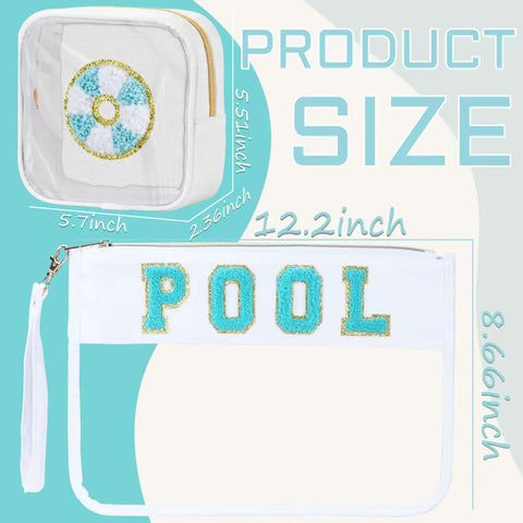 Two Pack Clear PVC Cosmetic Pouches With Chenille Letter Patches, shown with "POOL" chenille design next to size details.