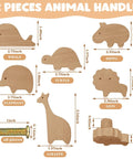 Diagram showing 12 Piece Wooden Animal Dresser Knobs Set With Screws for Nursery Cabinets and Drawers, including sizes of animal shapes.