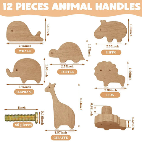 Diagram showing 12 Piece Wooden Animal Dresser Knobs Set With Screws for Nursery Cabinets and Drawers, including sizes of animal shapes.
