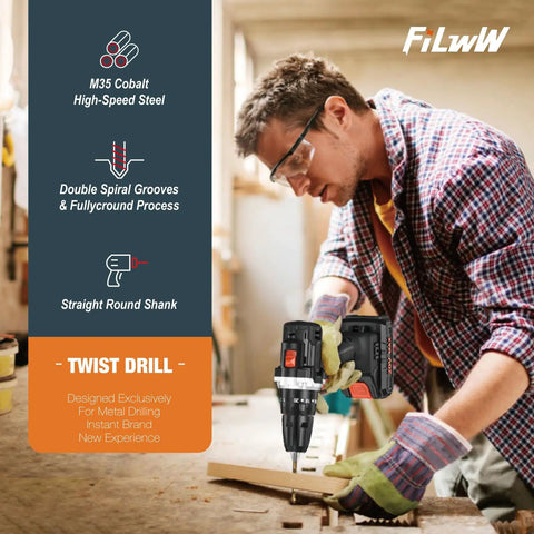 Man using drill with Ten-Piece Three-Eighths Inch Cobalt Drill Bit Set with M35 High Speed Steel, Jobber Length for metal