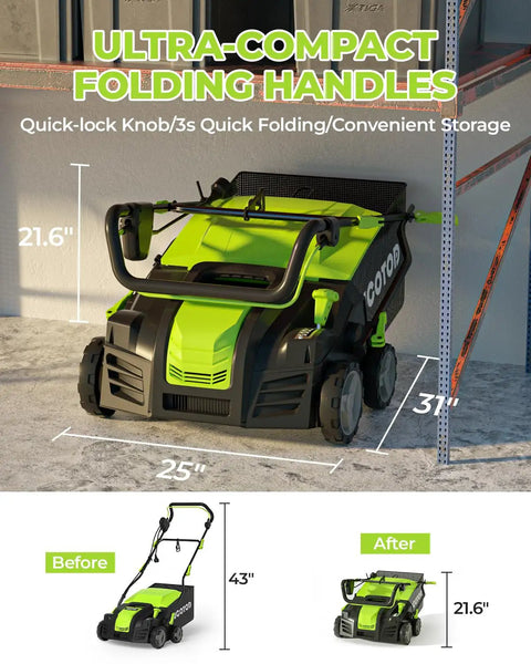 2-In-1 Dethatcher And Scarifier For Lawns, 16-Inch Electric Walk-Behind, 15 Amp Copper Motor, Five-Position Depth, 14.5 Gallon Thatch Bag folded for storage