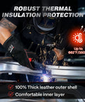 Person welding metal wearing Leather Forge Welding Gloves 16 Inch Heavy Duty Heat Resistant Up To 662 Degrees Hand Protection gloves