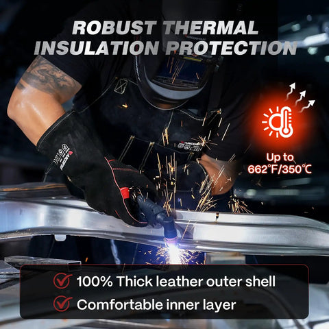 Person welding metal wearing Leather Forge Welding Gloves 16 Inch Heavy Duty Heat Resistant Up To 662 Degrees Hand Protection gloves