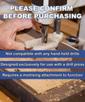 Devvicoo 6-piece square-hole mortise drill bit set used with a drill press mortising attachment, wood shavings