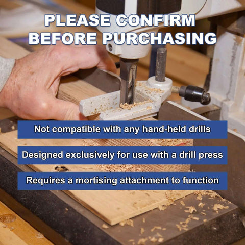 Devvicoo 6-piece square-hole mortise drill bit set used with a drill press mortising attachment, wood shavings