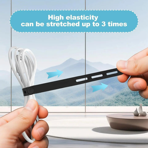 Hands stretching reusable silicone cable tie for chargers and home office cords with high elasticity feature.