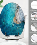 Toilet Seat Cover Elongated Quiet Close for Bathroom with ocean design, stainless steel hinges, and quick-release feature.