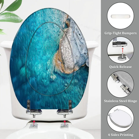 Toilet Seat Cover Elongated Quiet Close for Bathroom with ocean design, stainless steel hinges, and quick-release feature.