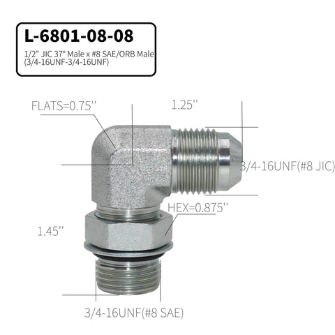 5-pack elbow hydraulic adapter fitting, 1/2 in JIC 37° male to #8 SAE/ORB male, metal