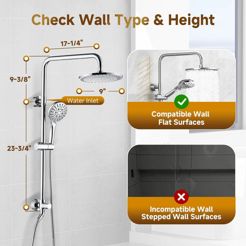 Rainfall Shower Head System With 9 Inch Rain Head And Handheld Height Adjustable Holder Solid Brass Rail Chrome Finish Setup Guide