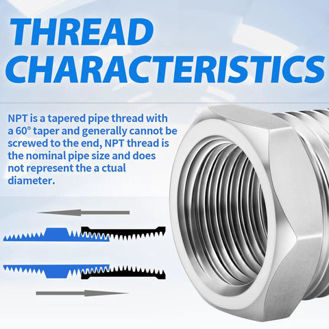 Stainless Steel Reducer Hex Bushing Fitting One Half Inch NPT Male To Three Eighths Inch NPT Female Adapter For Plumbing And DIY Heavy Duty Pro Grade Pipe Thread Connector 304 Stainless Corrosion Resistant 12 Pack thread characteristics diagram