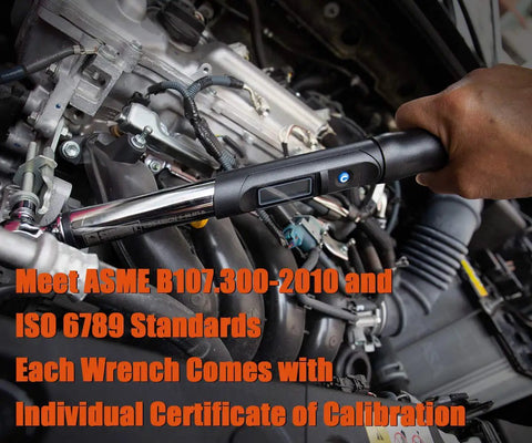 Using 3/8 Inch Digital Torque Wrench With LCD Display And Peak Torque Readout Calibrated To Tight Specs in automotive engine