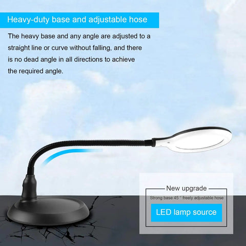 5X Magnifying Lamp With LED Light And Flexible Gooseneck USB Powered for reading, showing adjustable base and gooseneck