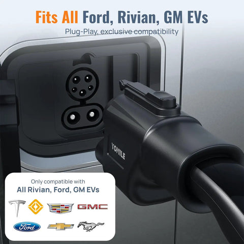 Knockout 2025 Nacs To Ccs1 Evolution Adapter for Ford, Rivian, GM EVs connecting to charging port.