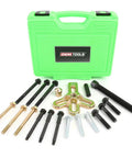 Harmonic Balancer Puller Kit For GM 3300 And 3800 V6 Engines with bolts and green case, suitable for DIY and pro use.