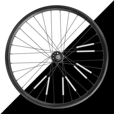 Reflective Bike Spoke Skins For Road And Mountain Bikes, 75mm Long, 5mm Outer Diameter, shown on a bike wheel against a black-and-white background