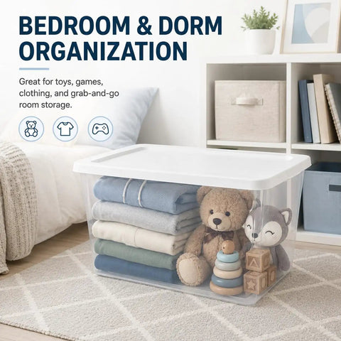 Super Spacious 58 Quart Clear Storage Bins With Easy Snap Lids Heavy Duty Stackable Plastic Organizer Boxes For Closet And Pantry Total Game Changer Vibe filled with toys and folded clothes.