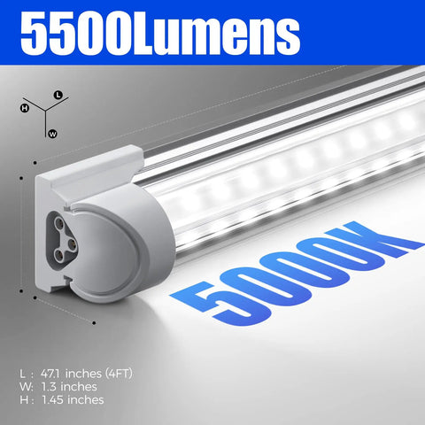 Close-up of T8 LED Shop Light 4Ft 40W 5500 Lumens 5000K Daylight With Clear Cover V-Shape Fixture for Garage