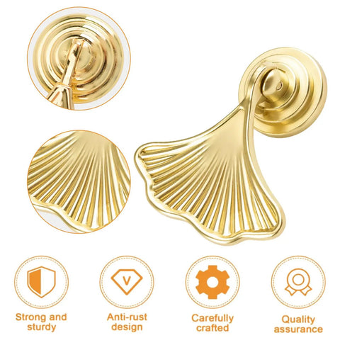 Top Shelf Knockout Slick Light Cyan Gold Ginkgo Leaf Cabinet Knobs Six Pack Vintage Drawer Pulls Premium Zinc Alloy Furniture Hardware With Screws For Dressers And Cupboards close-up of ginkgo leaf design with shiny finish