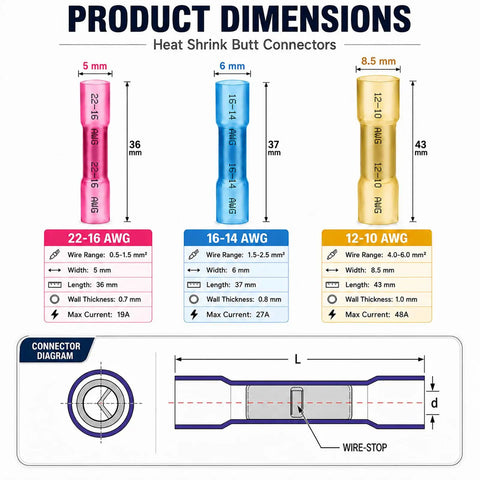 Blue Heat Shrink Butt Connectors 100 Pack 16 Thru 14 Awg Beefy Copper Crimp Wire Splices dimensions chart for various sizes.