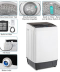 Slick 17.6 Lbs Compact Portable Washer With Clear Led Screen showing stainless steel tub, built-in filter, and drain hose.