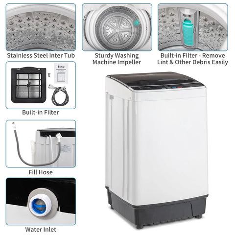Slick 17.6 Lbs Compact Portable Washer With Clear Led Screen showing stainless steel tub, built-in filter, and drain hose.