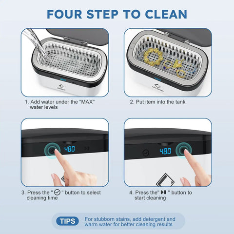Steps to use Ultrasonic Jewelry Cleaner Portable 500ML Deep Cleaning At 42kHz with Stainless Steel Tank and five preset cycles