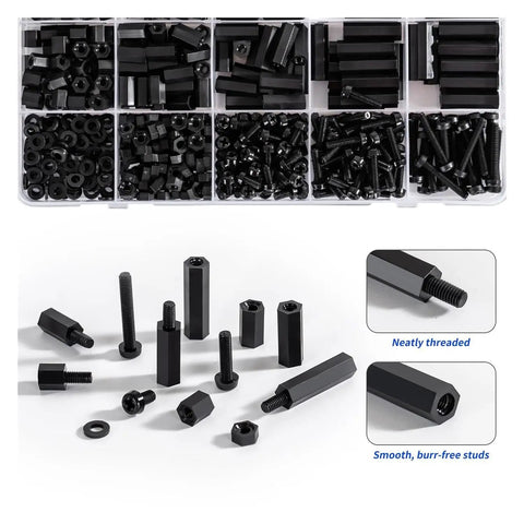 Heavy Duty M3 Black Nylon Pcb Standoff Kit With Screws Nuts Washers Motherboard Support Pillars Electronic Insulation Anti Vibration Hardware No Sweat Assembly For Every Rig in assorted black fasteners and hardware.