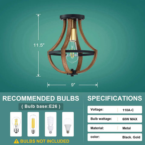 Dimensions of Three Pack Gold One Light Rustic Semi Flush Mount Ceiling Light Fixtures Black With Handmade Brown Finish.