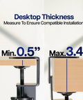 Large Height And Width Adjustable Under Desk Keyboard Tray With C-Clamp Mount System, showing desktop thickness compatibility chart.