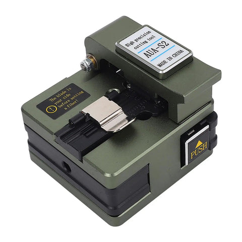 Gowenic Fiber Optic Hot Melt Cutting Machine With 0.6 Degree Cleaver, showing a compact green handheld device used for precise fiber cutting.