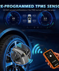 Chevrolet TPMS Sensor Set Of 4 315MHz Tire Pressure Monitoring Sensors Pre Programmed For Easy Install And Quick Vehicle Relearn Replacement Kit Plug And Play Ready Fits Most GM Chevrolet Cars And SUVs With Any TPMS Tool, shown with TPMS tool and wheel sensor
