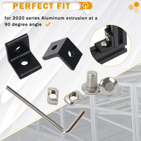 Ten Pack 2020 Series 2 Hole 90 Degree Inside Corner Bracket Kit For Aluminum Extrusion 6mm Slot Black L Corner Brackets displayed