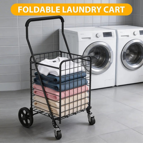 Go-To Grocery Cart With 360 Degree Swivel Front Wheels And 100 Lb Capacity, in laundry room with folded clothes, black, medium size
