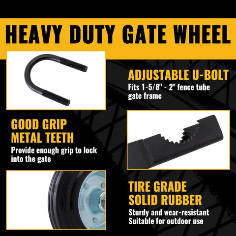Straight Up Solid Gate Roller Wheels To Take The Drag Out Of Metal Tube Fences Smooth Six Inch Black Anti Sag Tracks, adjustable u-bolt and solid rubber wheel.