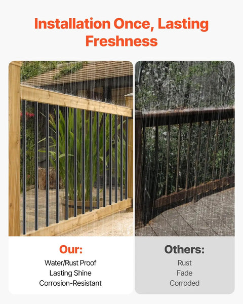 Comparison of Straight Up Premium Aluminum Deck Balusters 51 Pack, showing rust proof versus corroded railings.