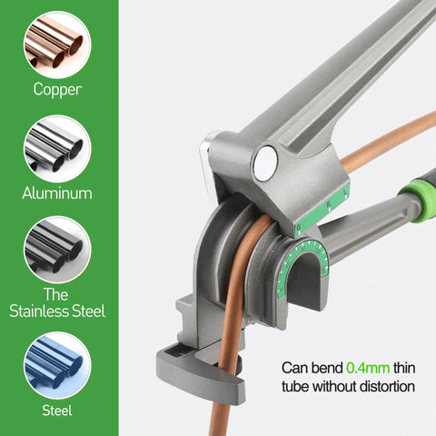 Heavy Duty Three In One Tubing Bender For HVAC Techs bending copper tubing with precision gauge, handles 1/4, 3/8, 1/2 inch pipes.